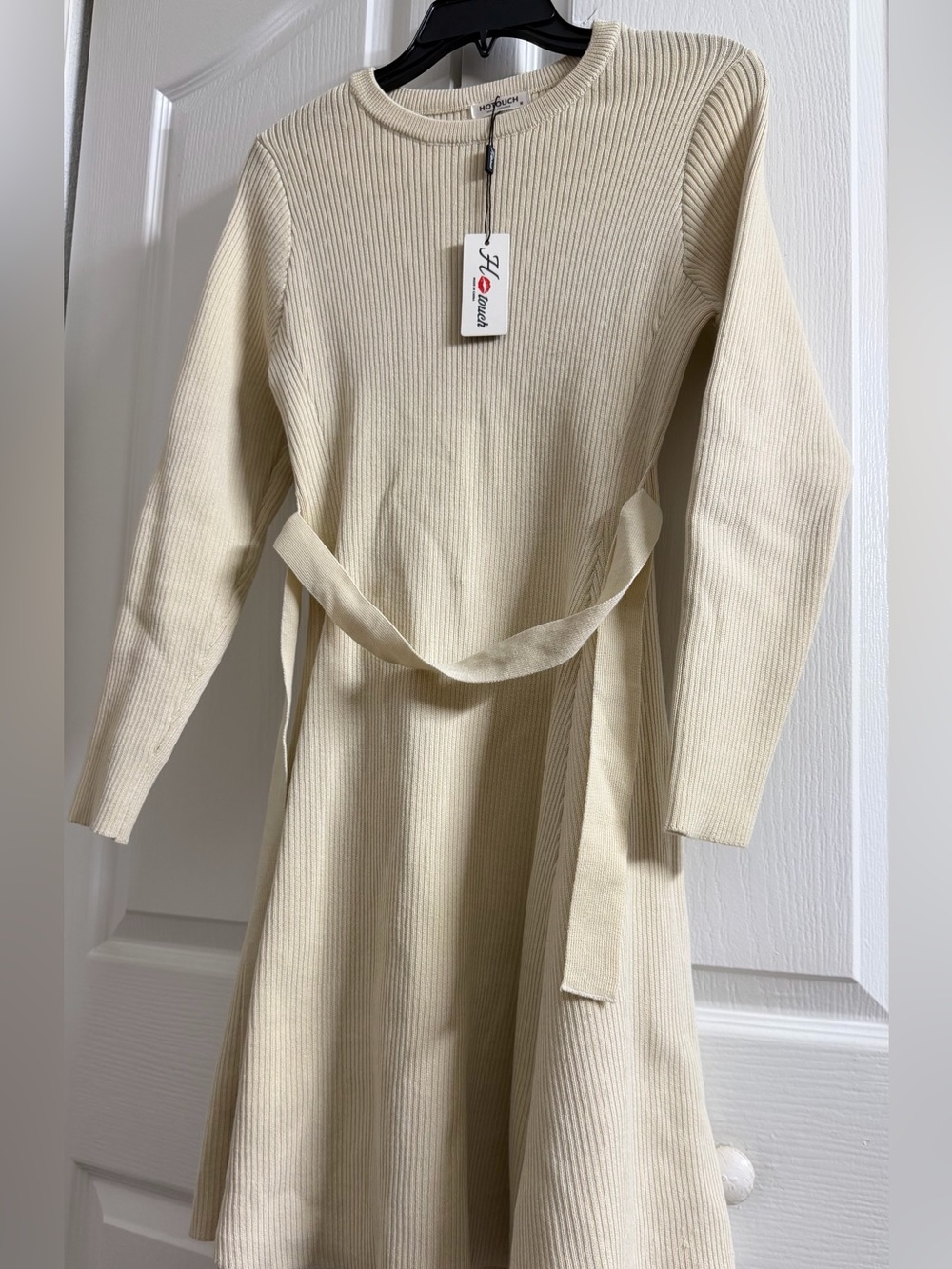 Hotouch Cream Ribbed Long-Sleeve Knit Dress with Waist Tie